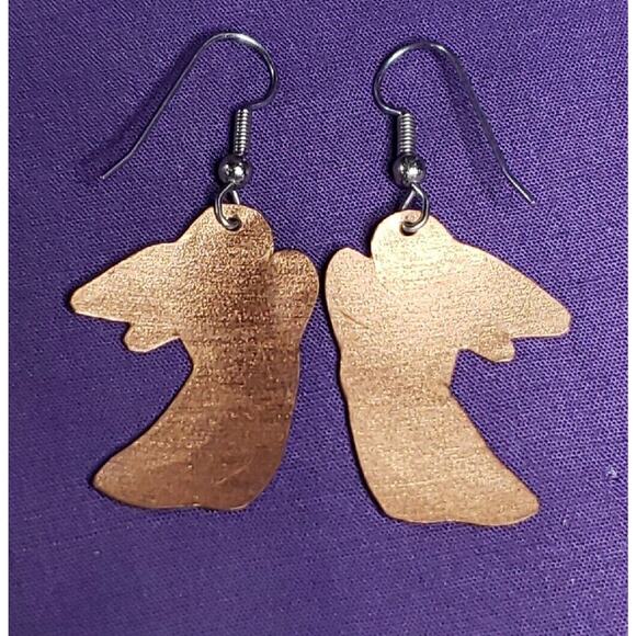 Copper And Silver Tone Angel Playing Harp Dangle Earrings, Lightweight Metal - Picture 6 of 10